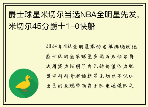 爵士球星米切尔当选NBA全明星先发，米切尔45分爵士1-0快船