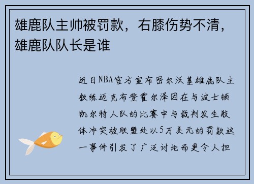 雄鹿队主帅被罚款，右膝伤势不清，雄鹿队队长是谁
