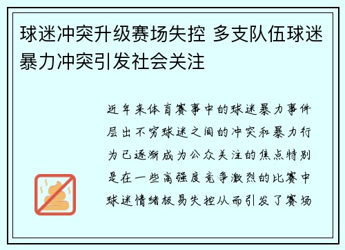 球迷冲突升级赛场失控 多支队伍球迷暴力冲突引发社会关注