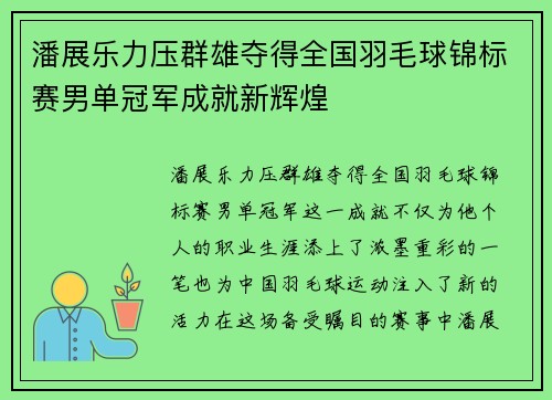 潘展乐力压群雄夺得全国羽毛球锦标赛男单冠军成就新辉煌