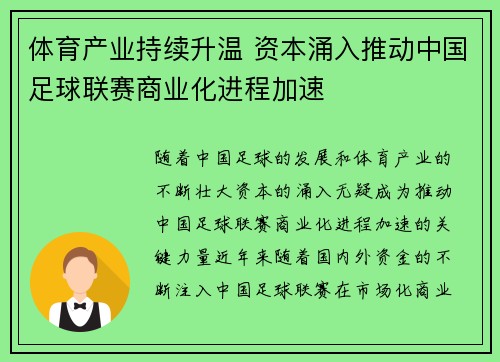 体育产业持续升温 资本涌入推动中国足球联赛商业化进程加速