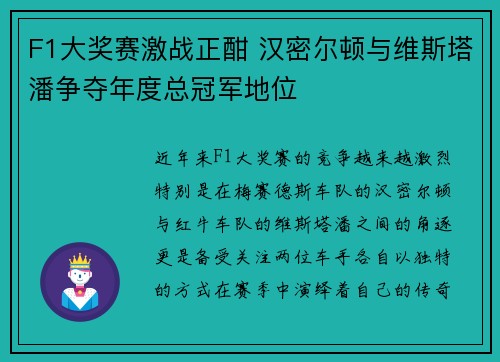 F1大奖赛激战正酣 汉密尔顿与维斯塔潘争夺年度总冠军地位